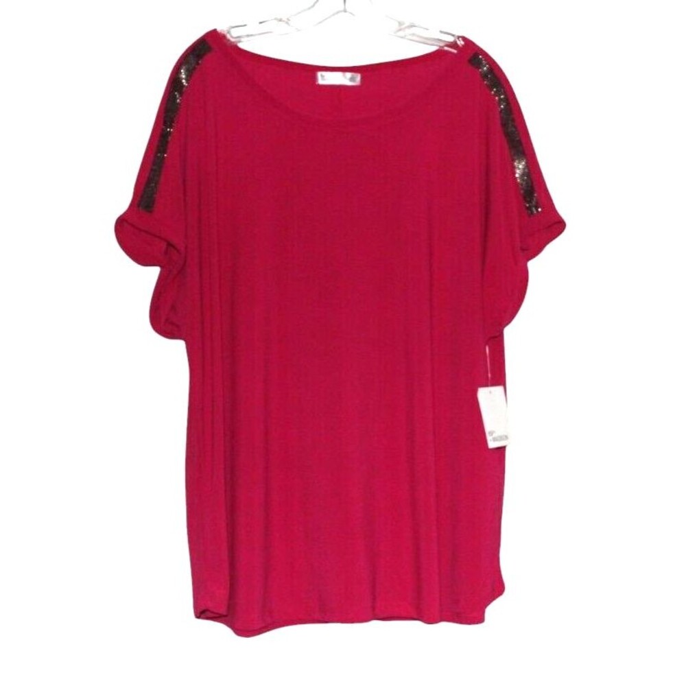 89th Madison Top Womens 2Xl Bejeweled Pink Cap Sleeve Shirt Tunic Blouse NWT